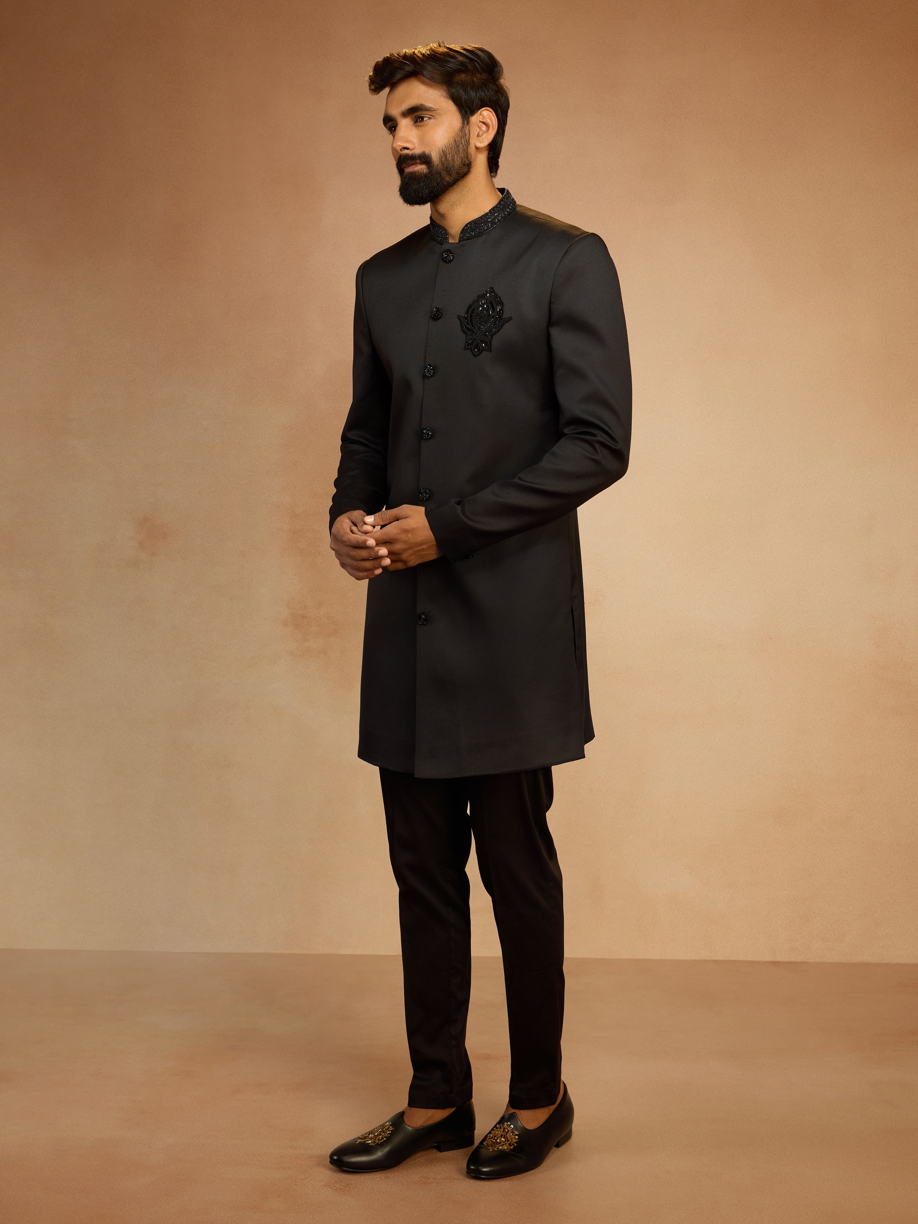 Men's Black Cutdana Sequin Embroidered Indo-Western Kurta with Pant Style Pyjama Set