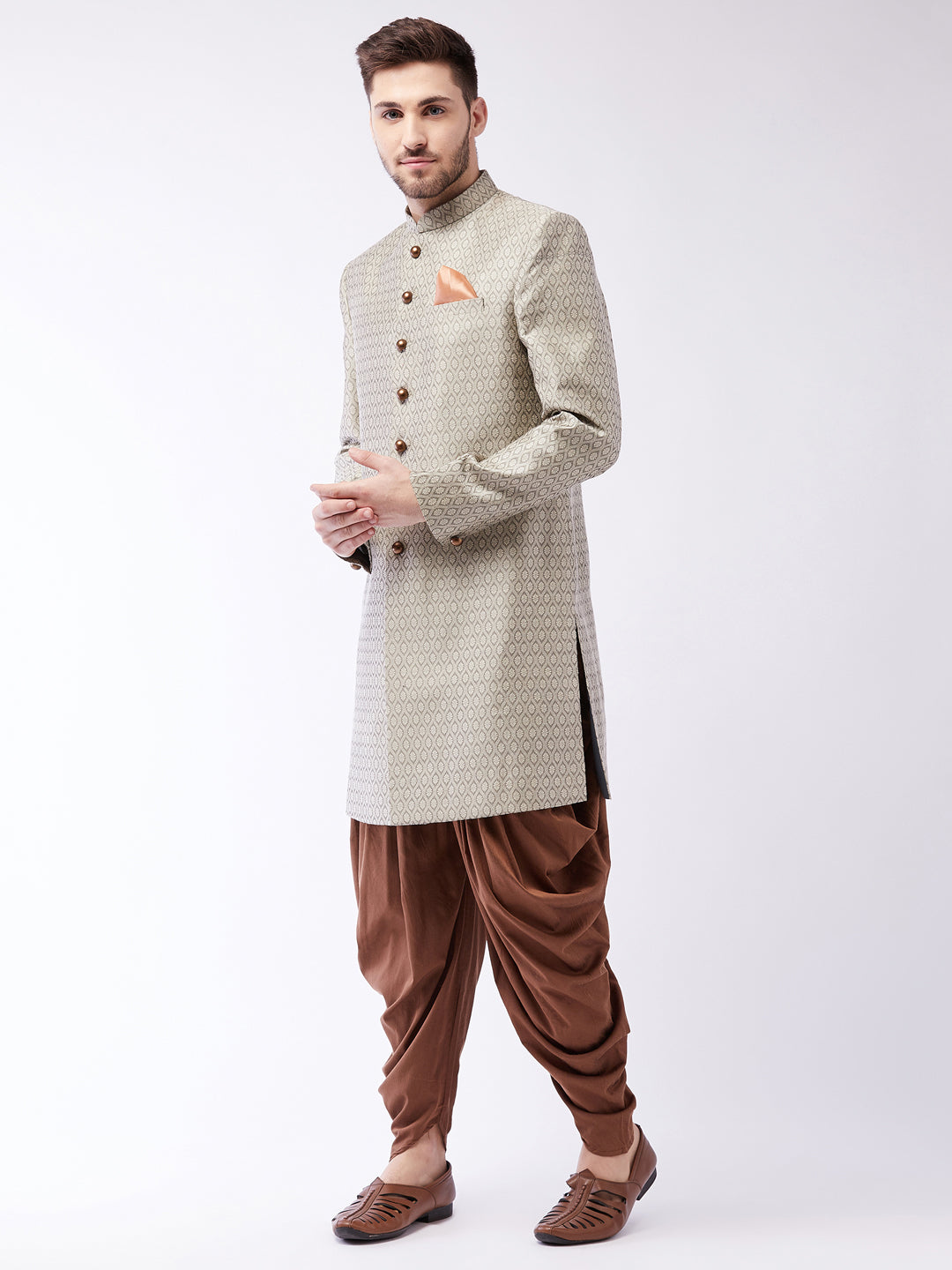 Men's Beige, Grey And Coffee Brown Silk Blend Sherwani Set