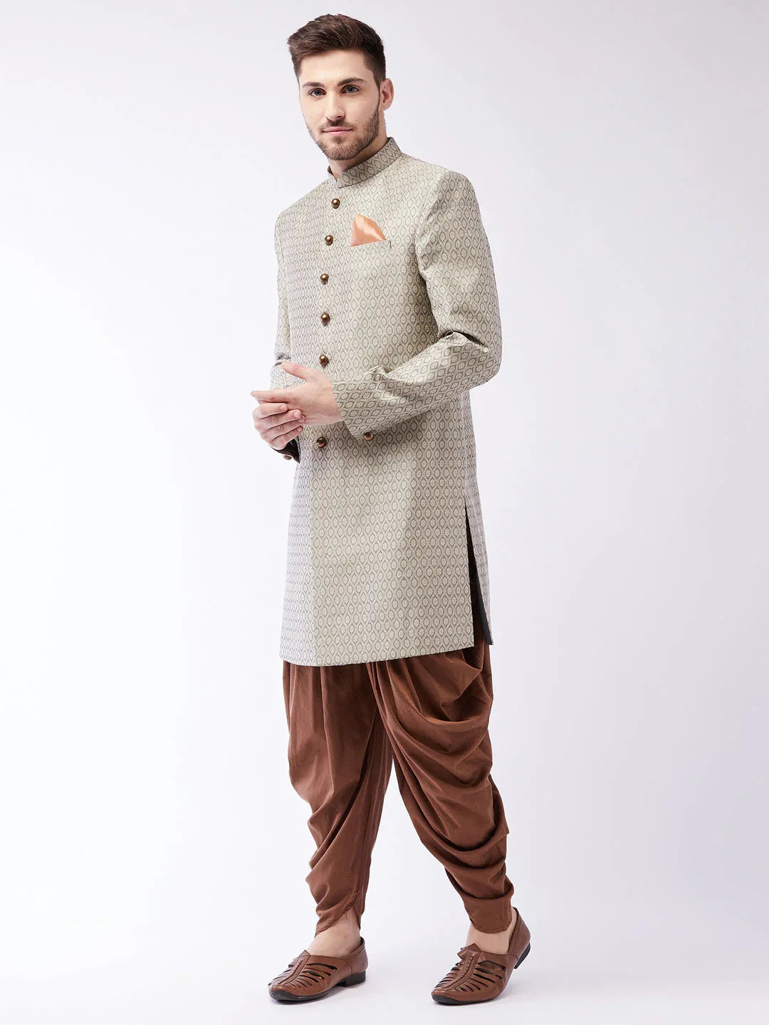 Men's Beige, Grey And Coffee Brown Silk Blend Sherwani Set
