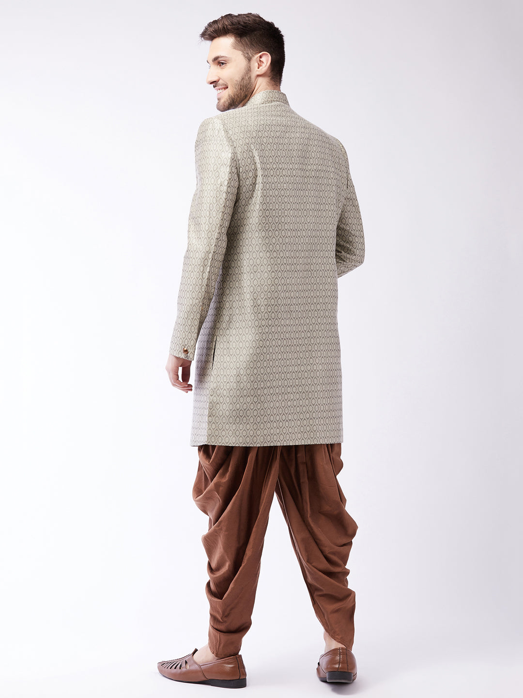 Men's Beige, Grey And Coffee Brown Silk Blend Sherwani Set