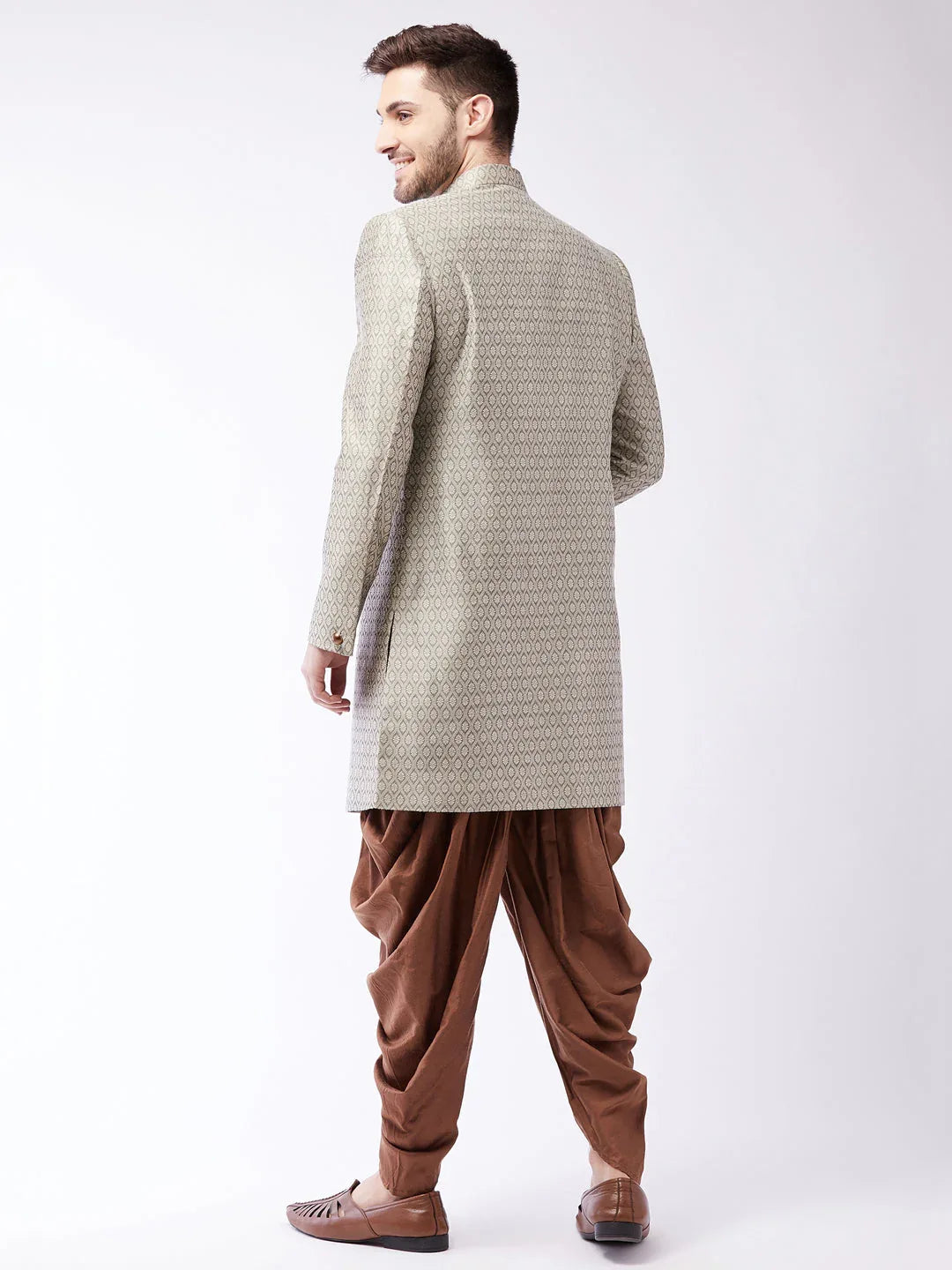 Men's Beige, Grey And Coffee Brown Silk Blend Sherwani Set