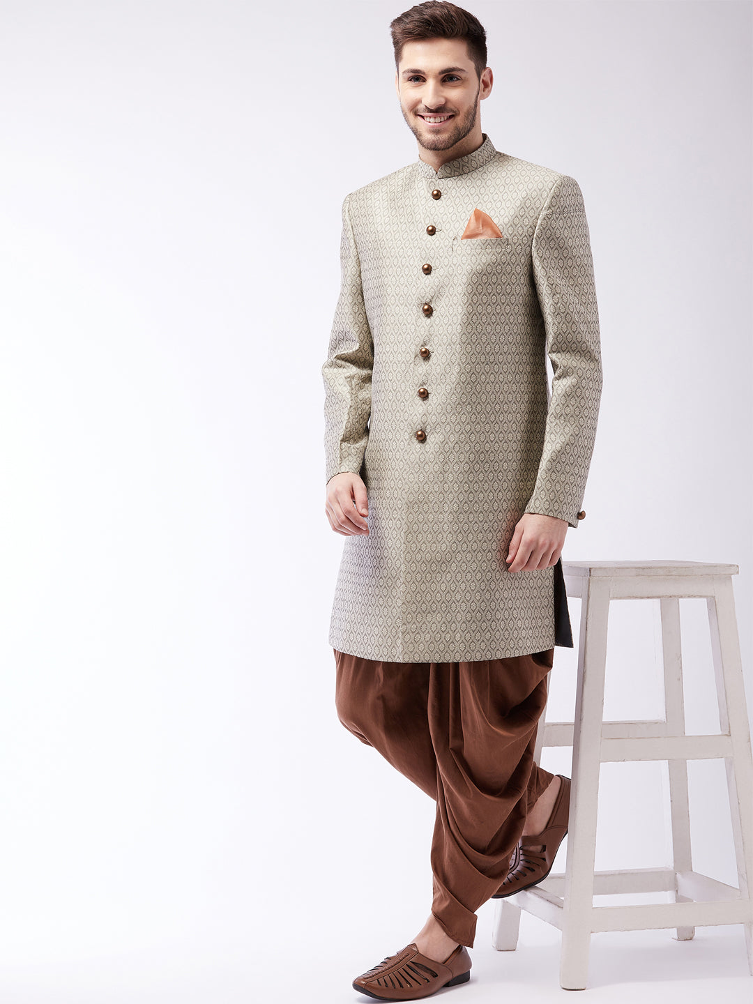 Men's Beige, Grey And Coffee Brown Silk Blend Sherwani Set