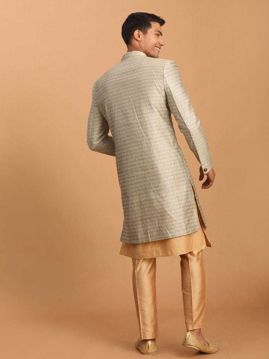 Men's Beige Silk Blend Sherwani With Rose Gold Kurta Pant Set