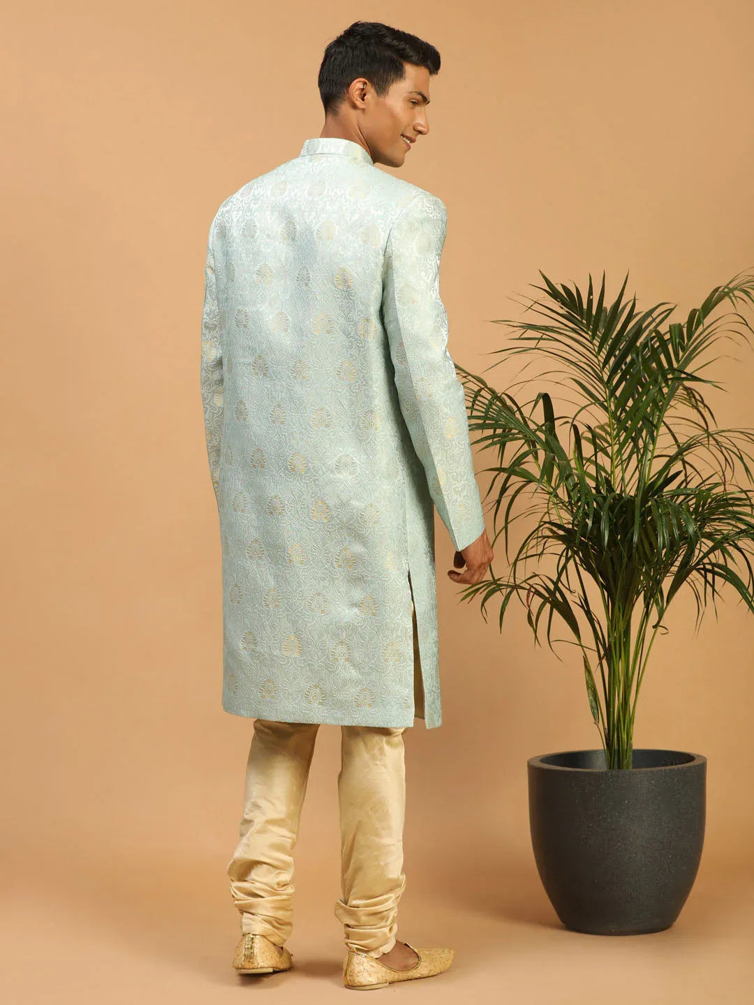 Men's Aqua Blue Woven Indo Western With Gold Pyjama Set