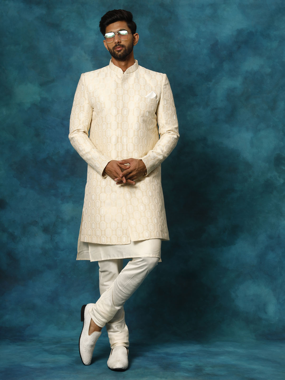 Men's Beige Imported Jacquard Indo With Kurta Pyjama Set