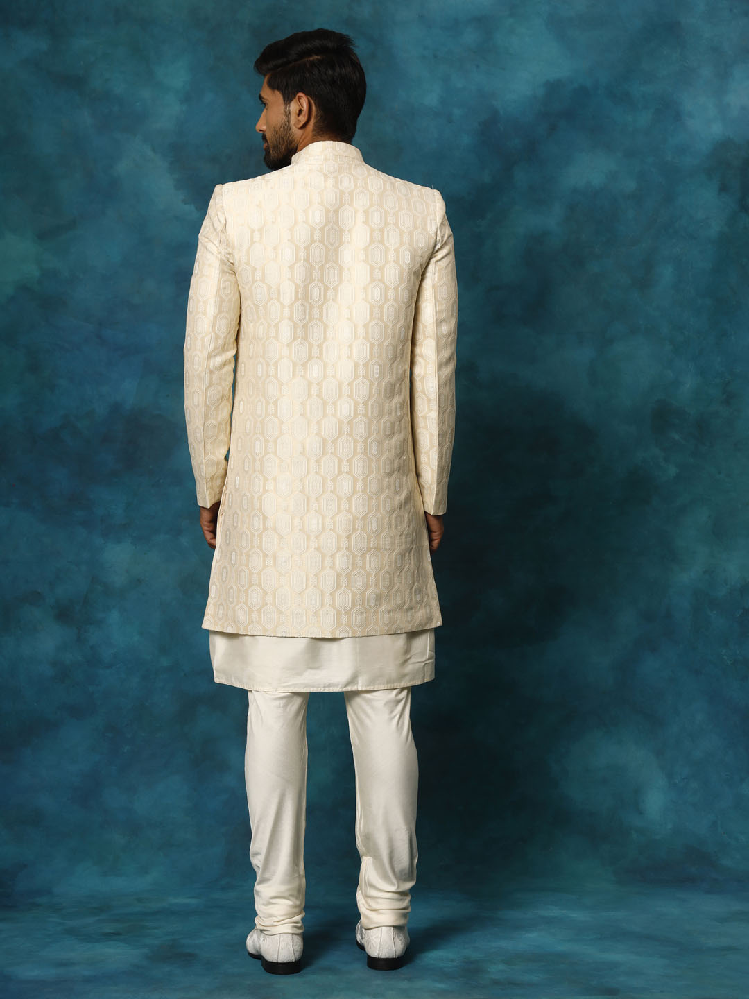 Men's Beige Imported Jacquard Indo With Kurta Pyjama Set