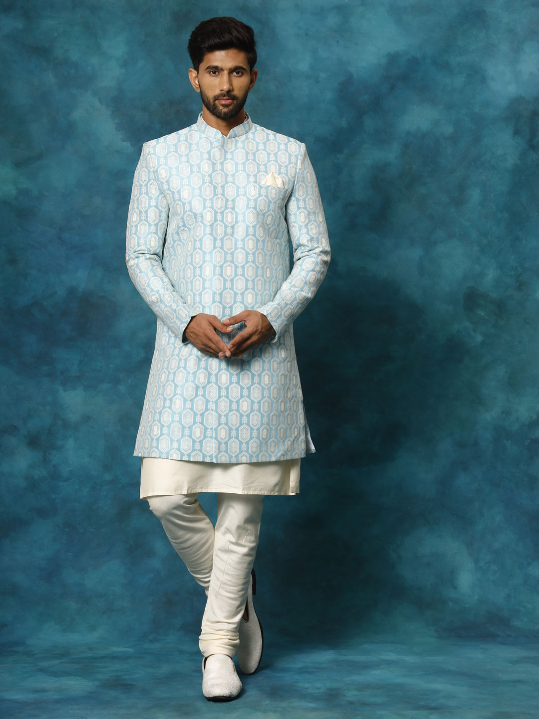 Men's Blue Imported Jacquard Indo With Kurta Pyjama Set