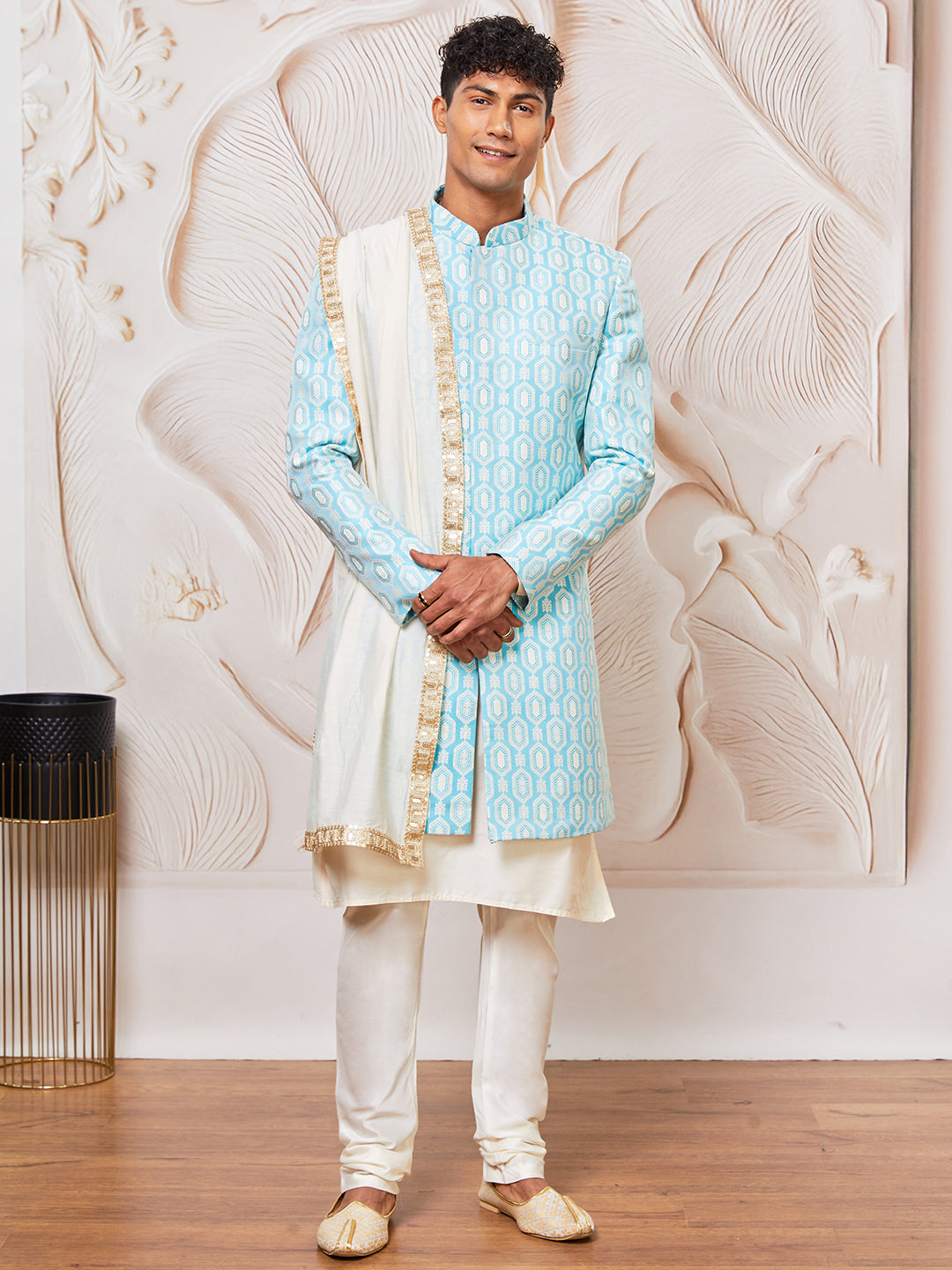 Men's Aqua Silk Blend Indowestern, Kurta Pyjama And Dupatta Set