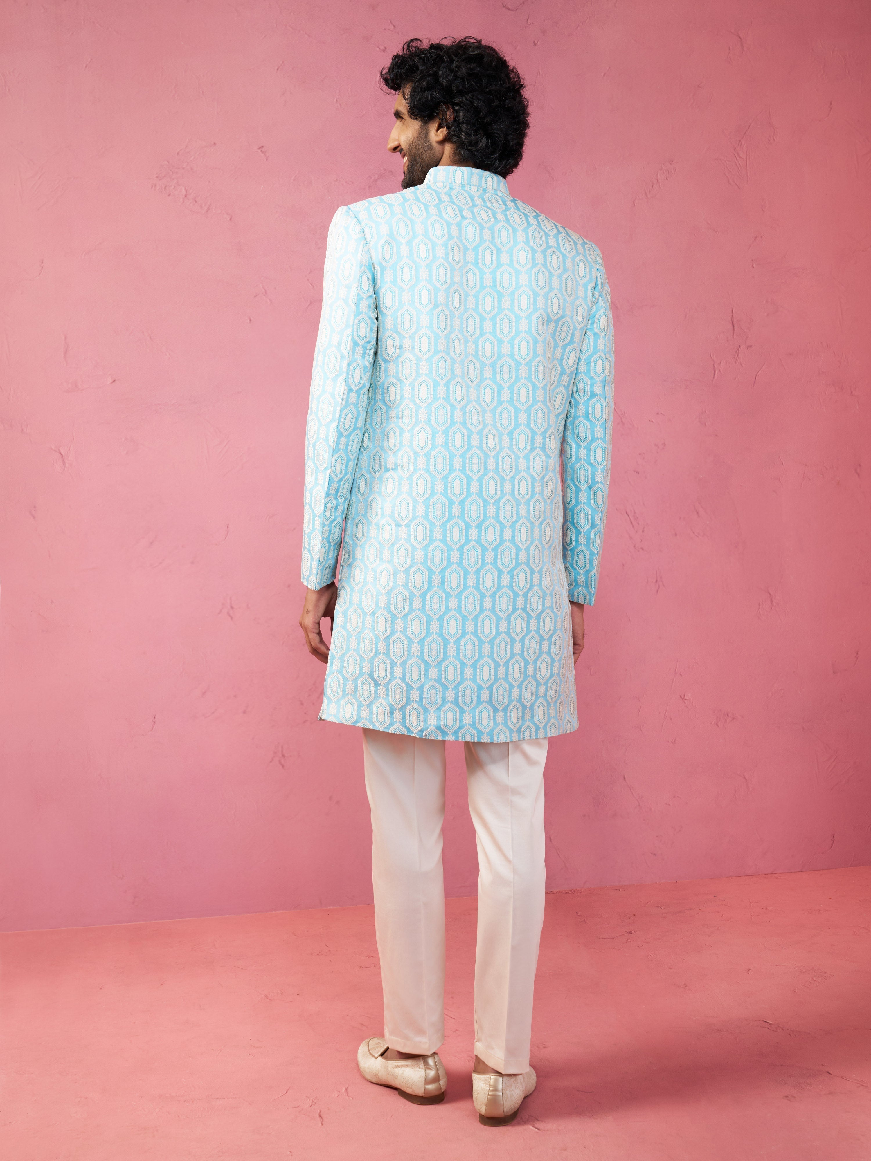 Men's Blue Jacquard Indo-Western Kurta with Cream Trousers