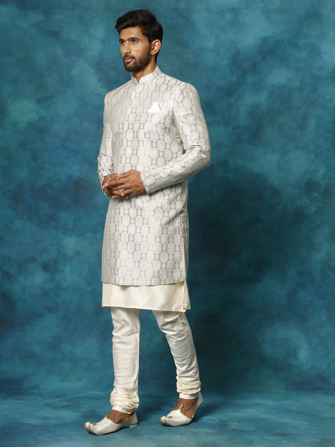 Men's Grey Imported Jacquard Indo With Kurta Pyjama Set