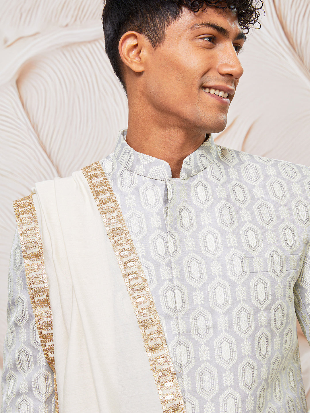 Men's Grey Silk Blend Indowestern, Kurta Pyjama And Dupatta Set