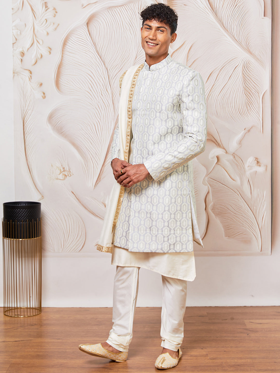 Men's Grey Silk Blend Indowestern, Kurta Pyjama And Dupatta Set