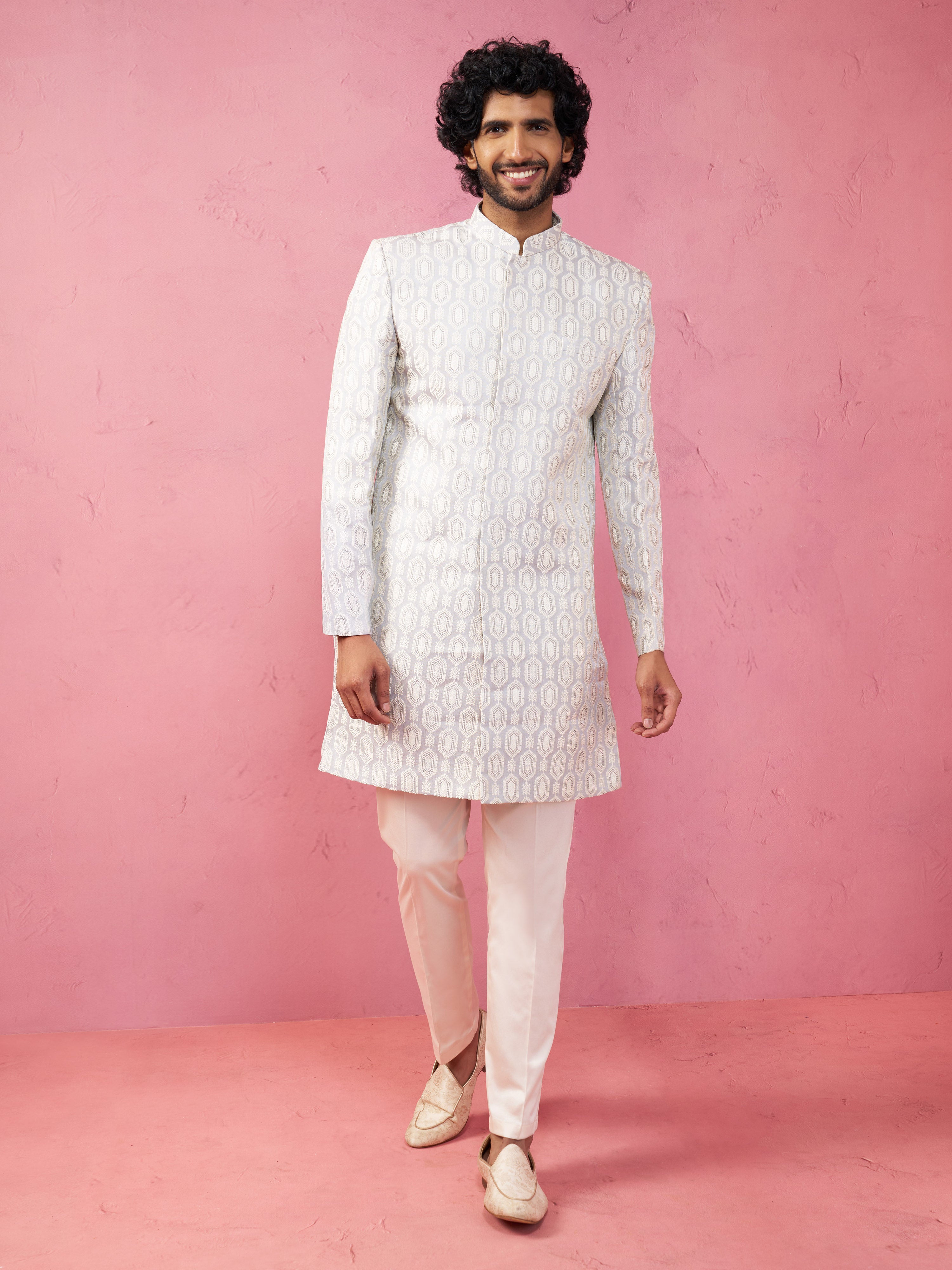 Men's Grey Jacquard Indo-Western Kurta with Cream Trousers