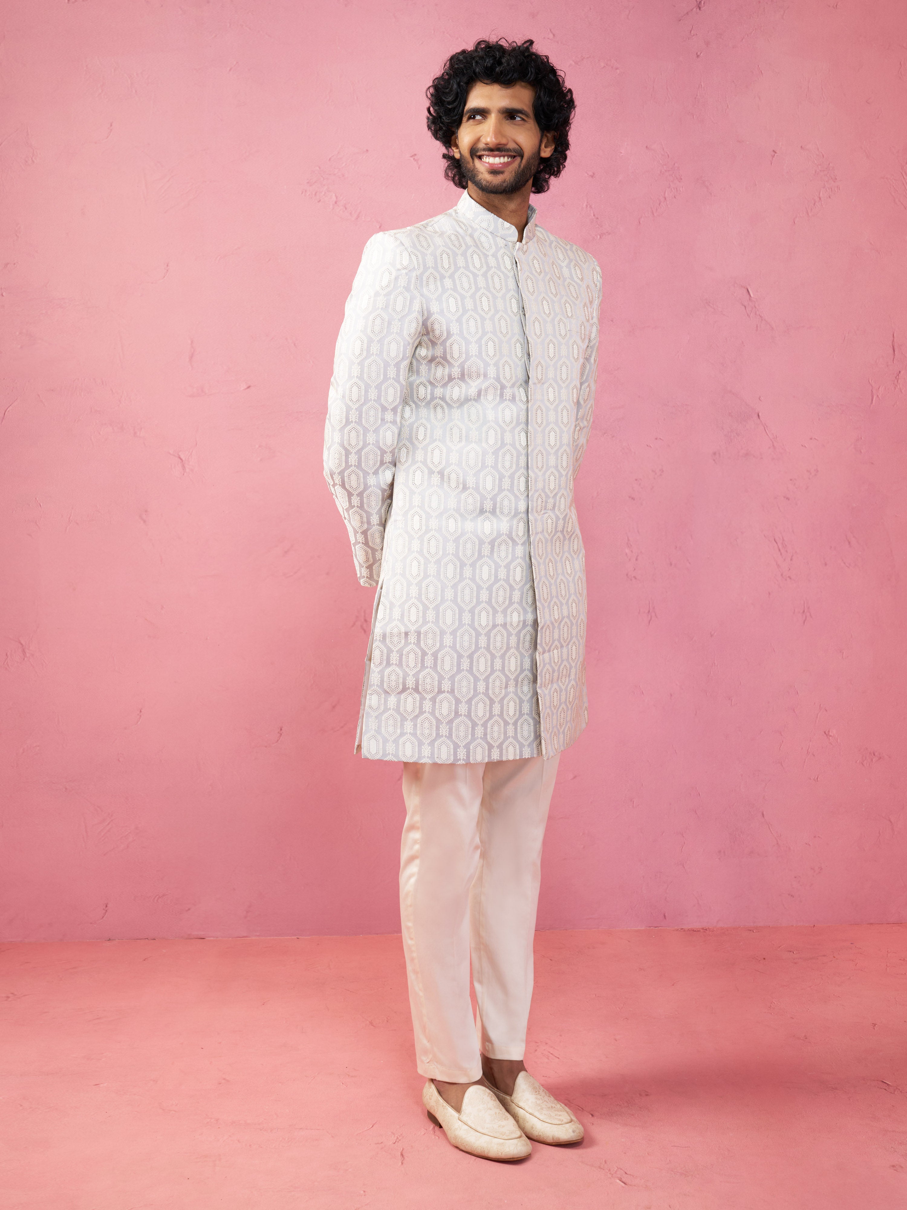 Men's Grey Jacquard Indo-Western Kurta with Cream Trousers