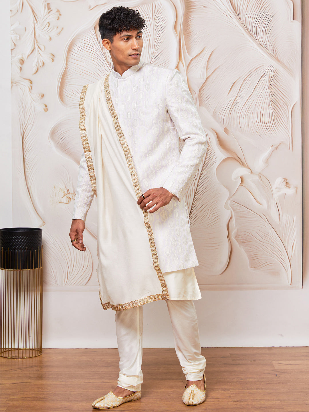 Men's Lavender Silk Blend Indowestern, Kurta Pyjama And Dupatta Set