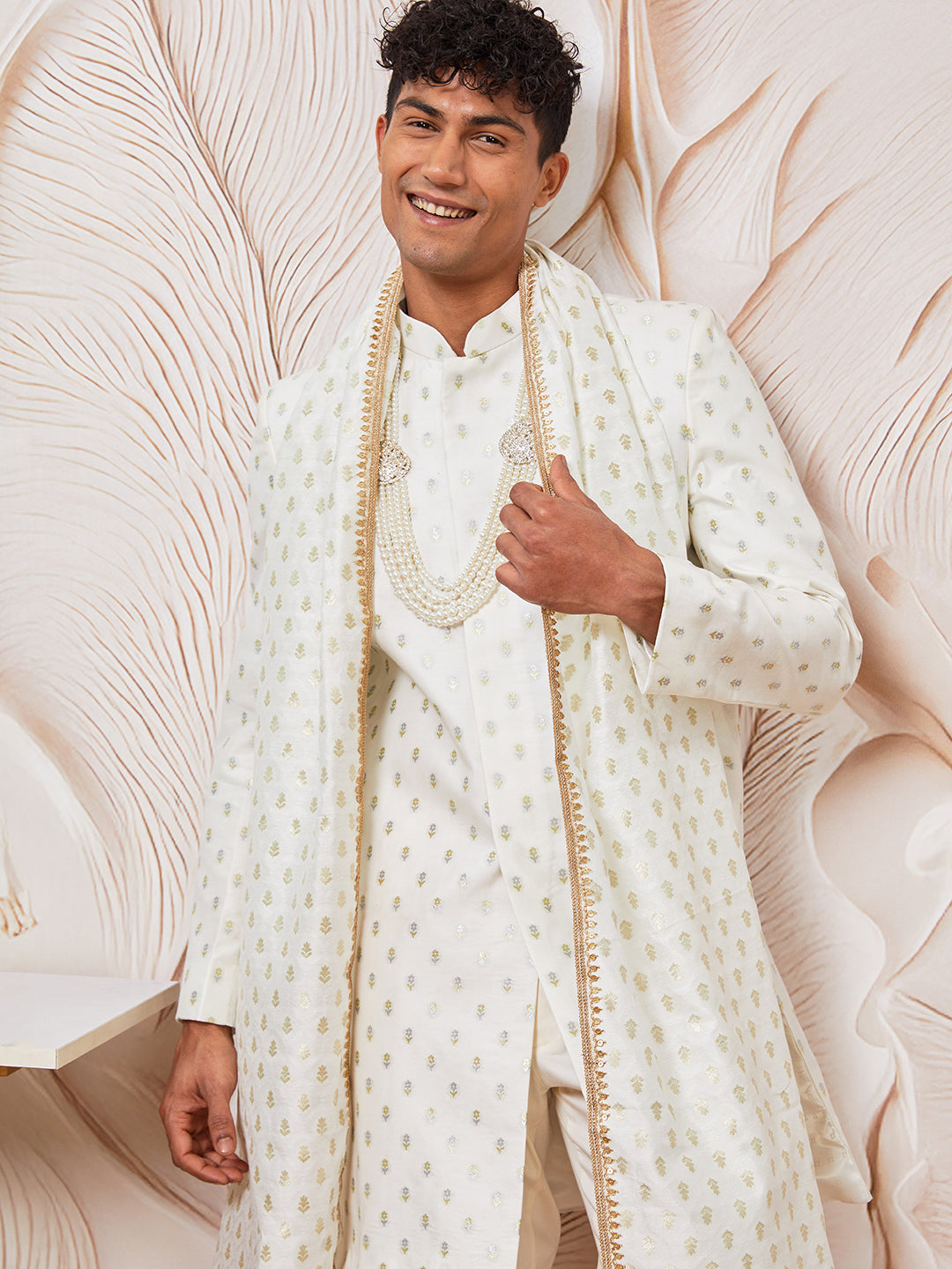 Men's White Cotton Blend Indowestern Pant And Dupatta Set