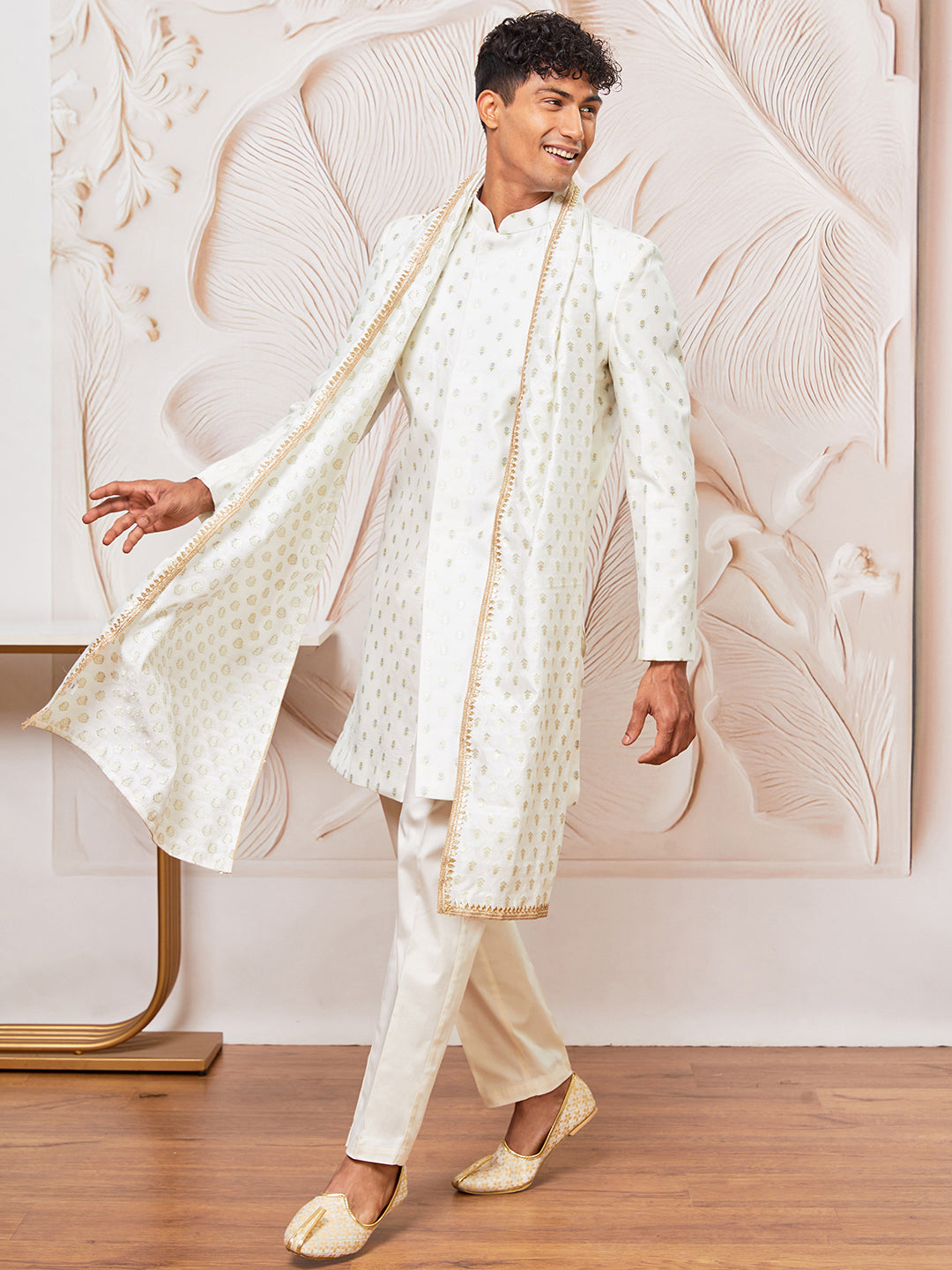 Men's White Cotton Blend Indowestern Pant And Dupatta Set