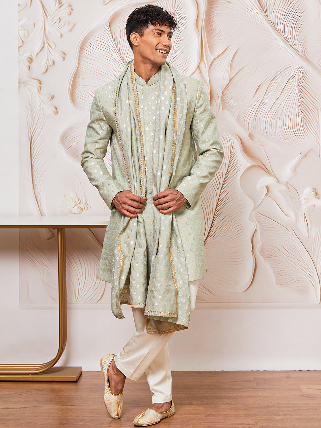 Men's Mint Green Cotton Blend Indowestern Pant And Dupatta Set