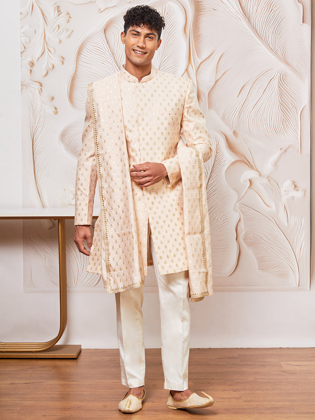 Men's Peach Cotton Blend Indowestern Pant And Dupatta Set