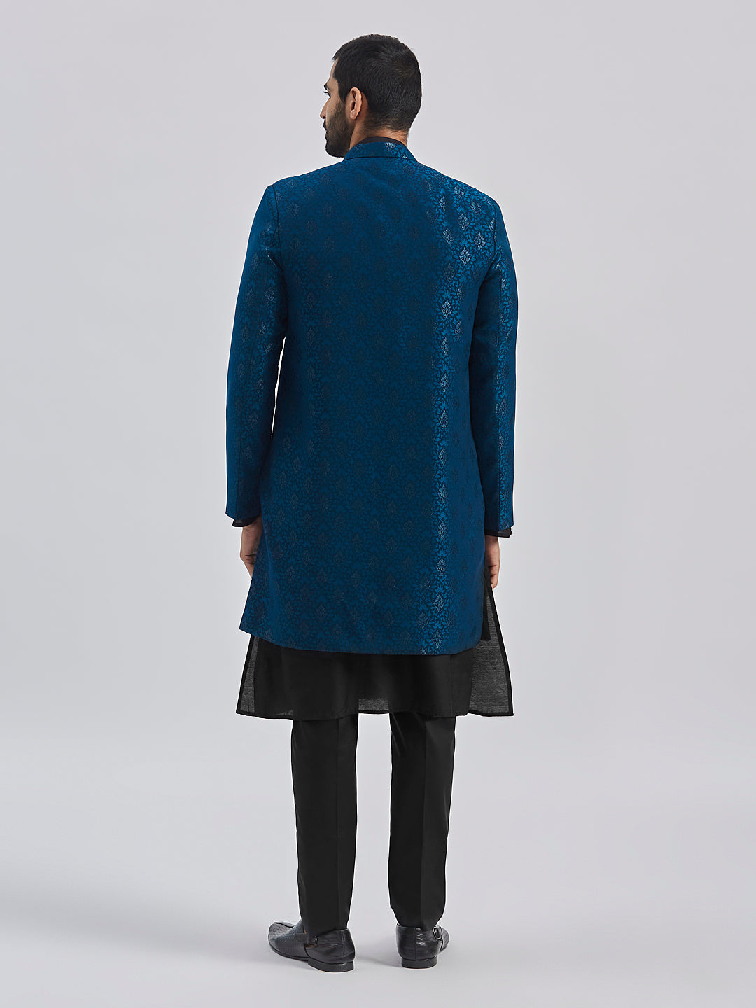 Men's Turquoise And Black Viscose Sherwani Set