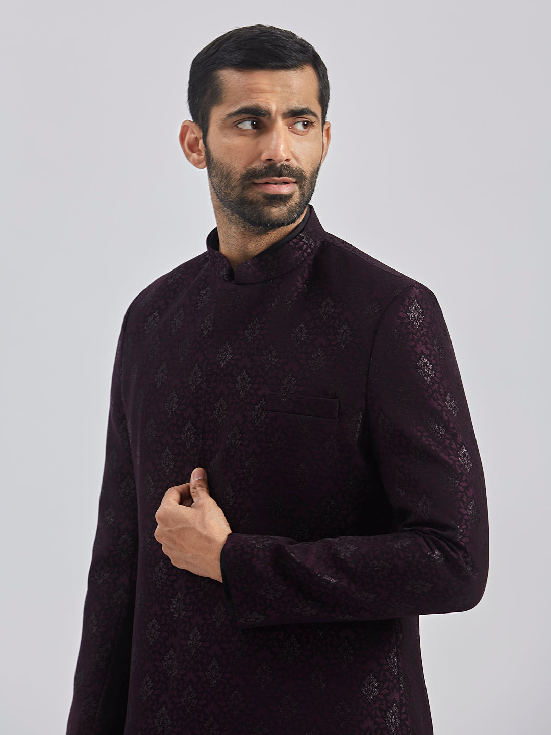 Men's Wine And Black Viscose Sherwani Set