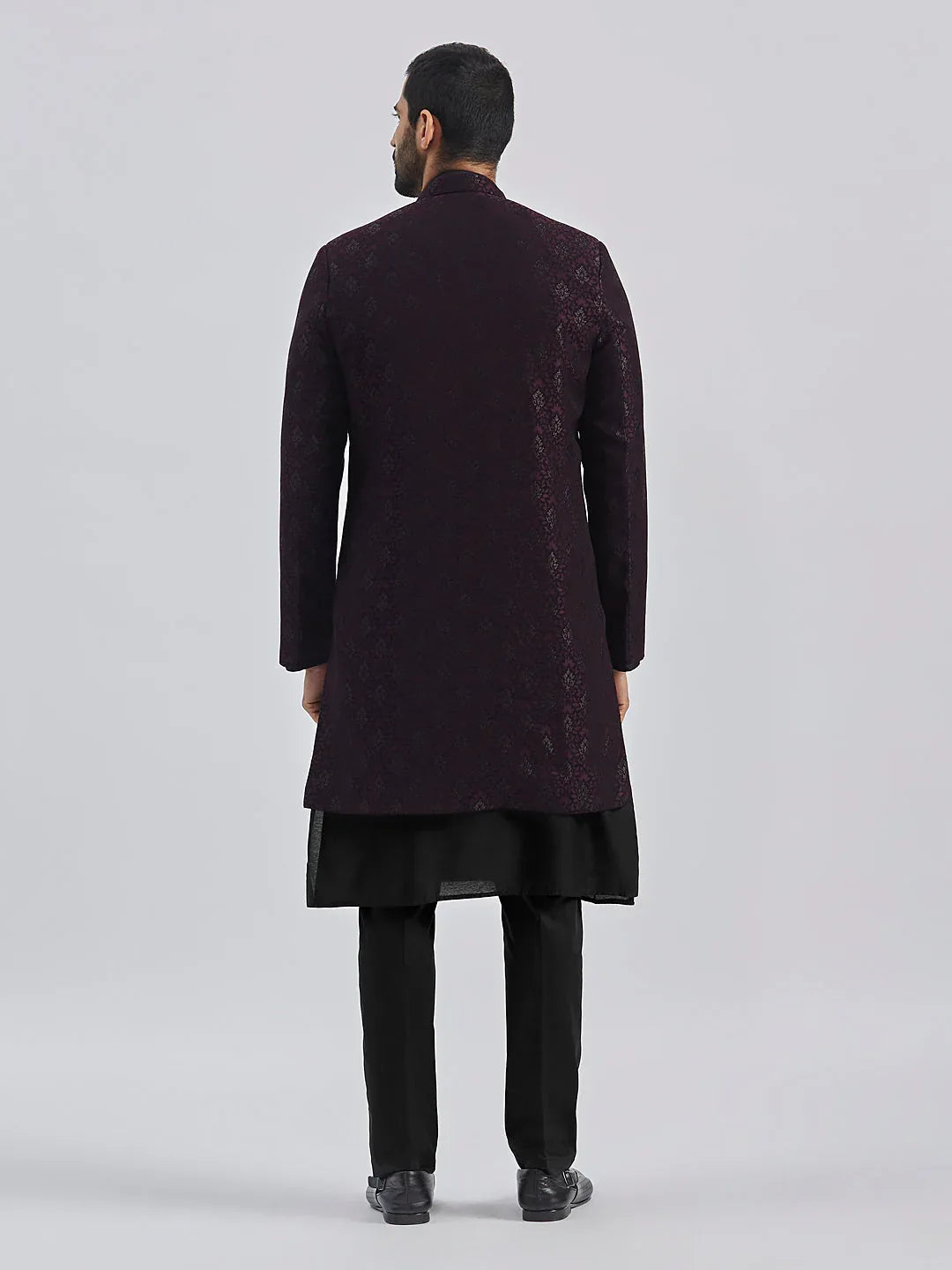 Men's Wine And Black Viscose Sherwani Set