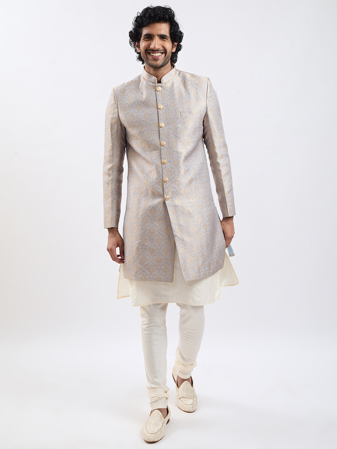 Men's Rose Gold And Gray Viscose Sherwani Set