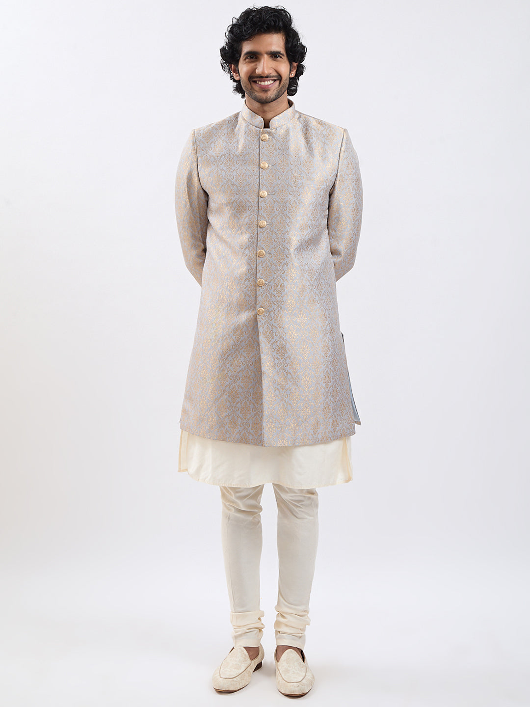 Men's Rose Gold And Gray Viscose Sherwani Set