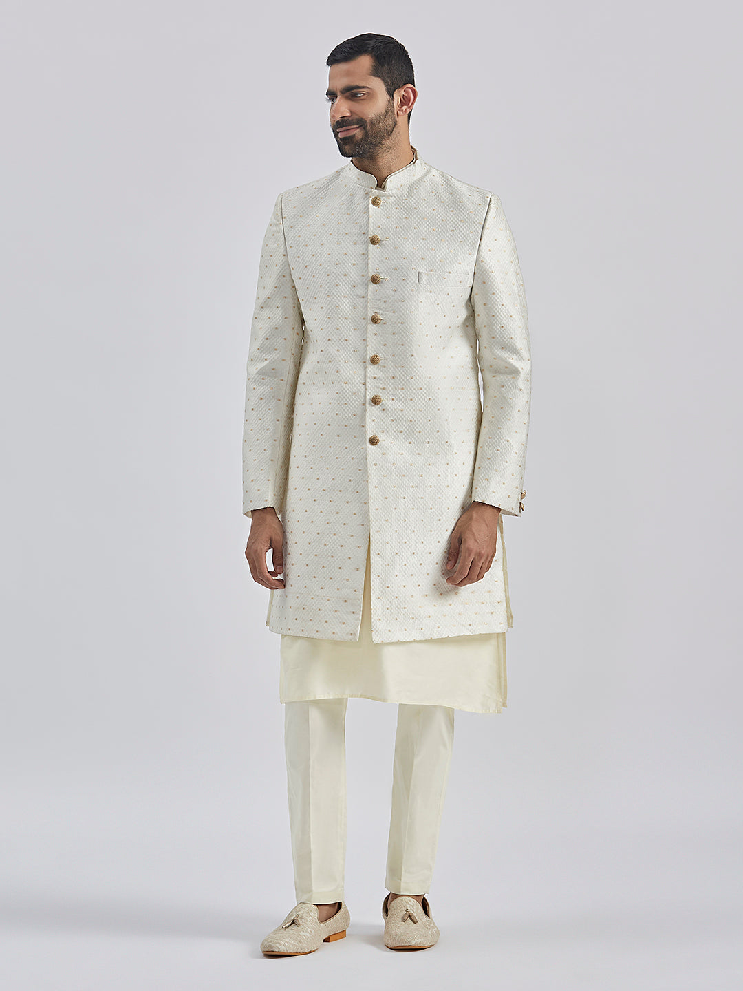 Men's Cream Viscose Sherwani Set