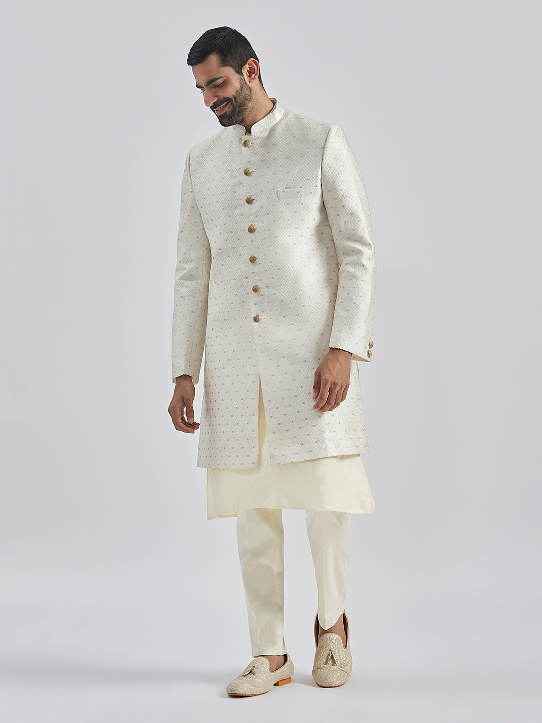 Men's Cream Viscose Sherwani Set