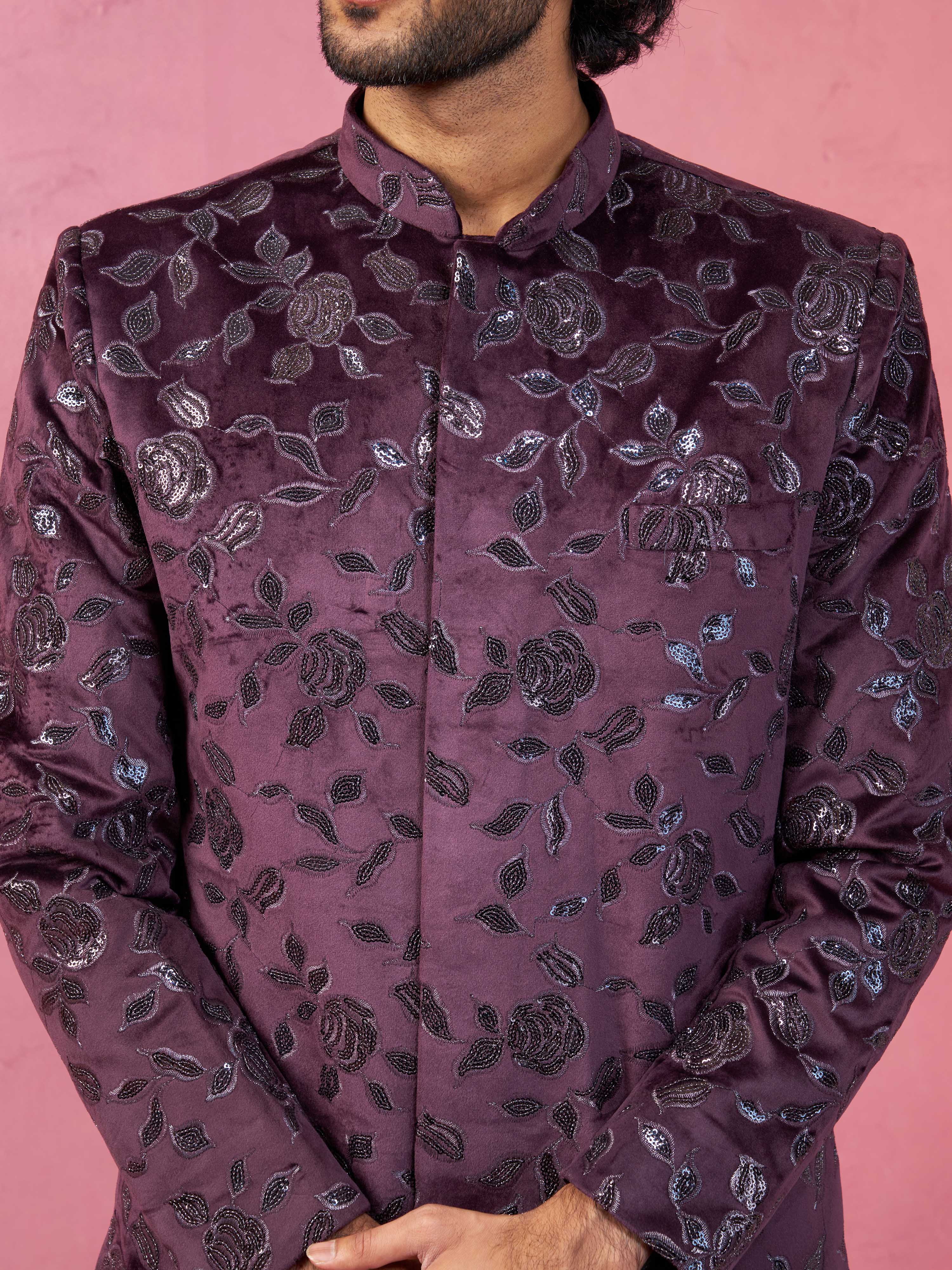 Men's Maroon Velvet Indo-Western Kurta with Black Cotton Lycra Pyjama