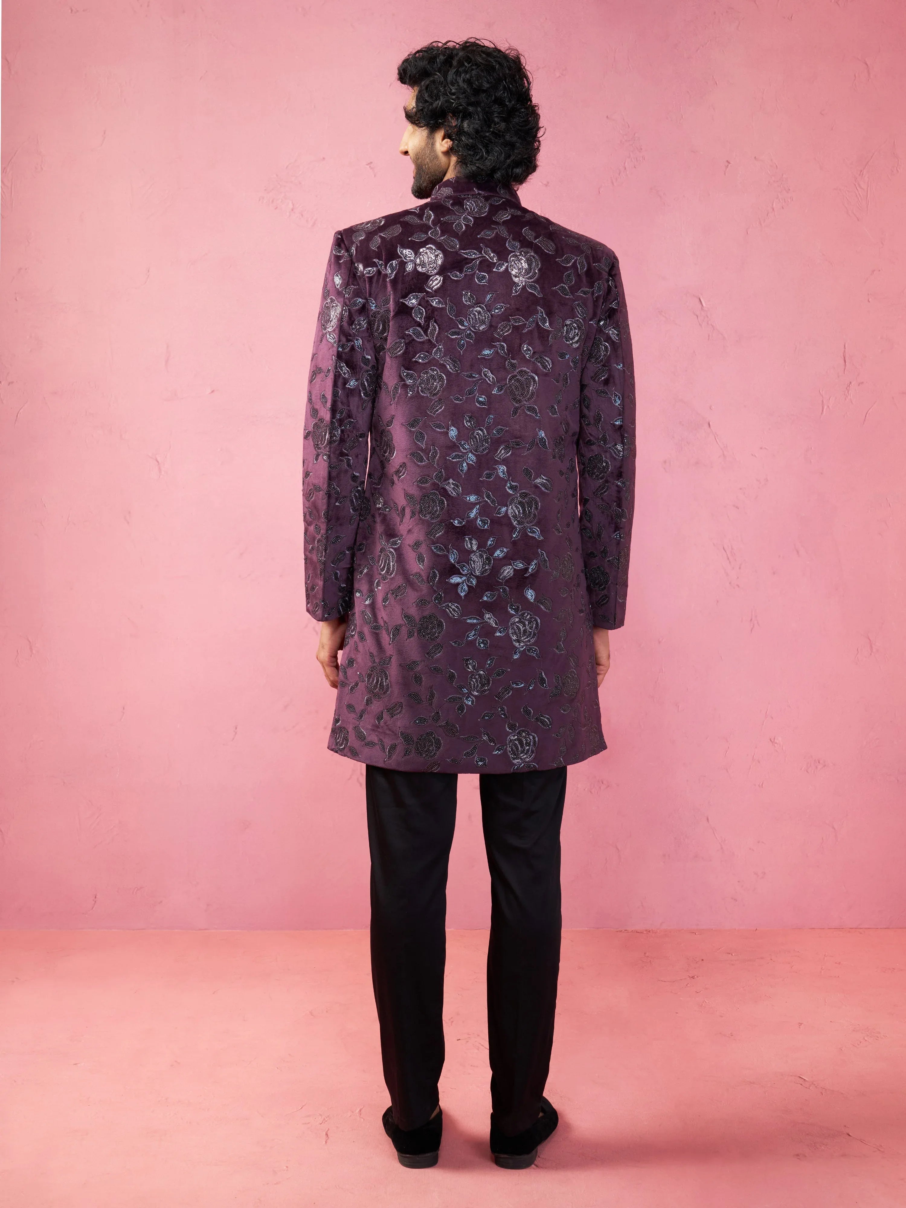 Men's Maroon Velvet Indo-Western Kurta with Black Cotton Lycra Pyjama