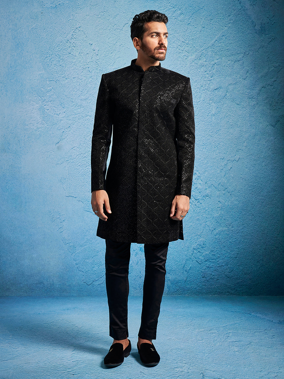 Men's Black Velvet Sherwani Set