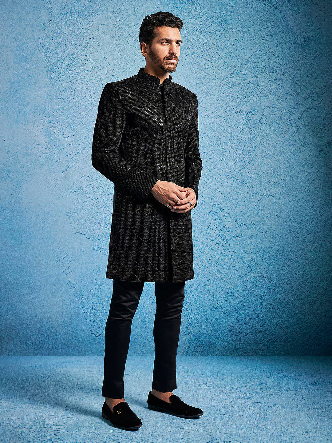 Men's Black Velvet Sherwani Set