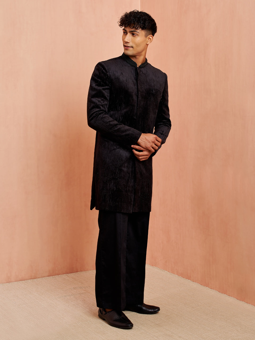 Mens Black Velvet Sherwani with Palazzo Set