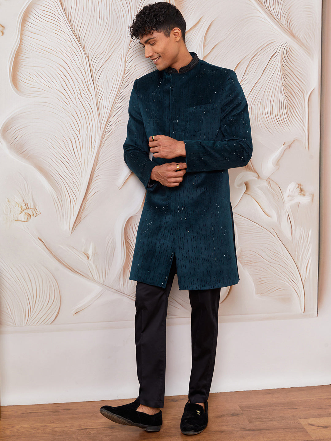 Men's Bottle Green Velvet Sherwani Set