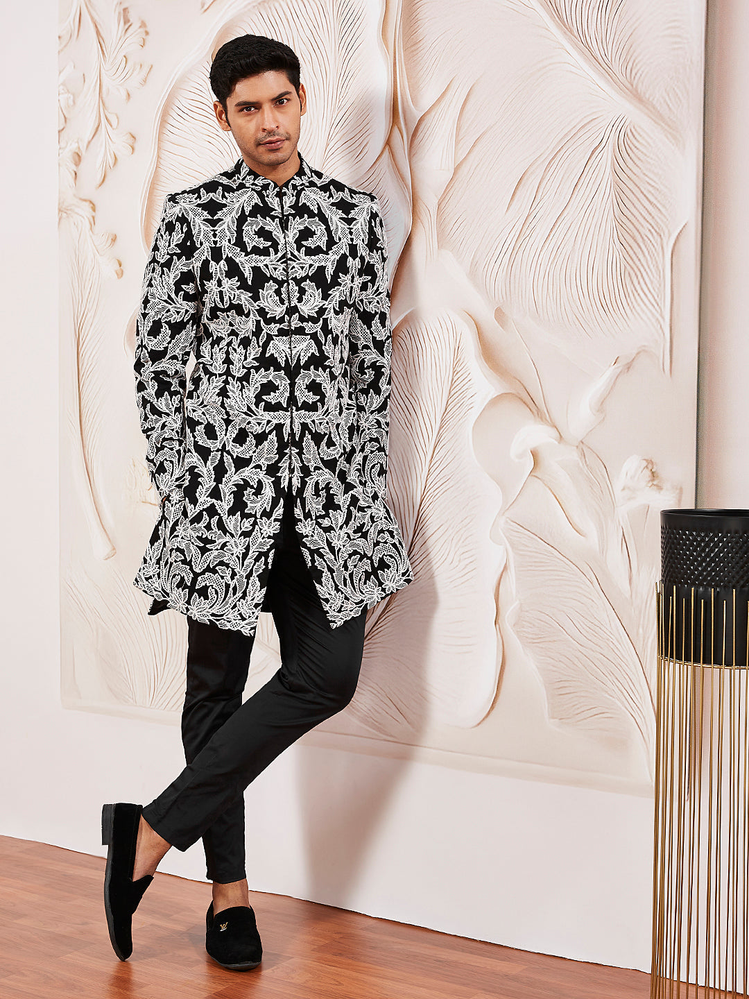 Men's Black Fox Geogette Indo Western And Pant Set