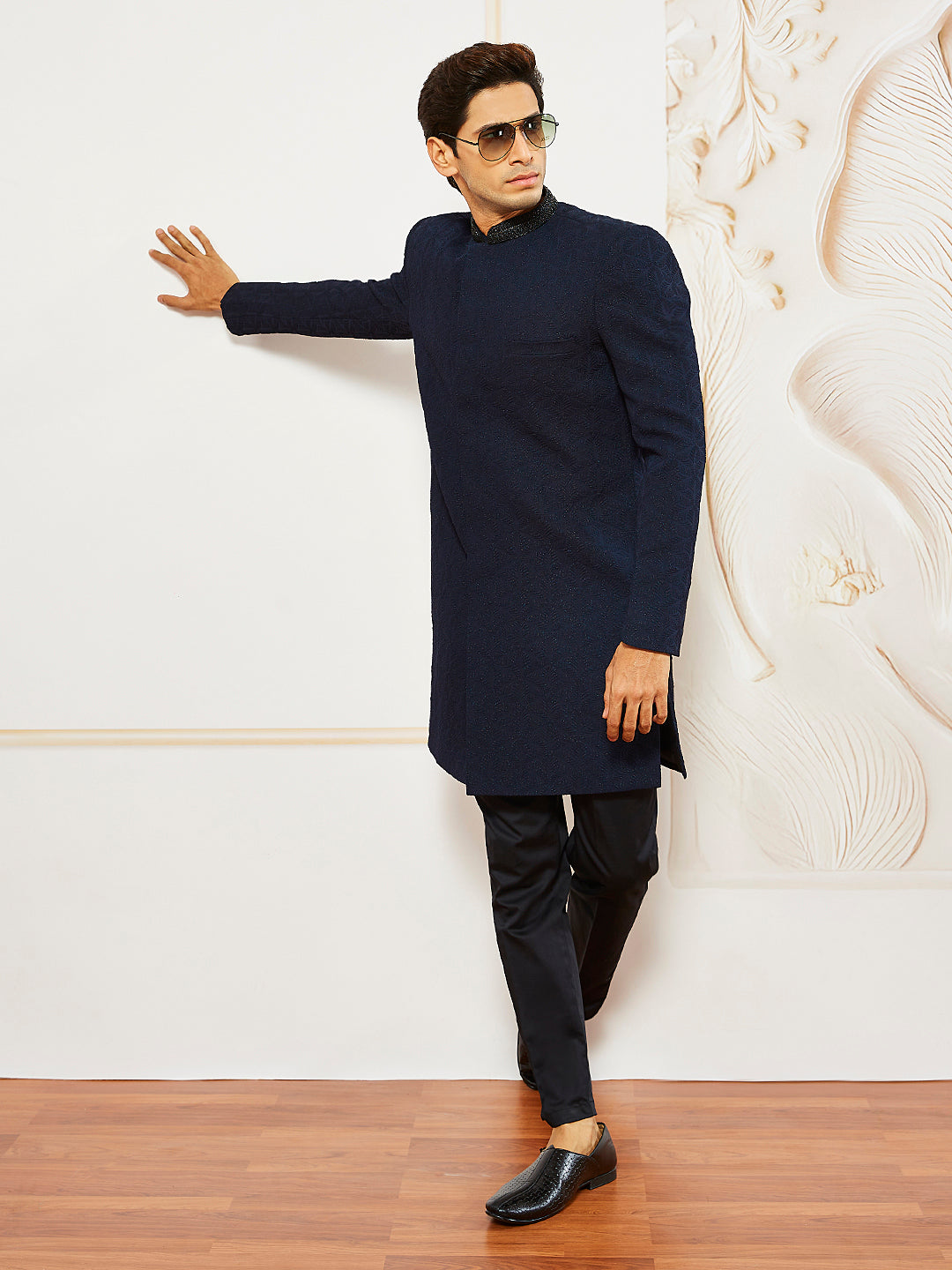 Men's Navy Blue Silk Blend Indo Western And Pant Set