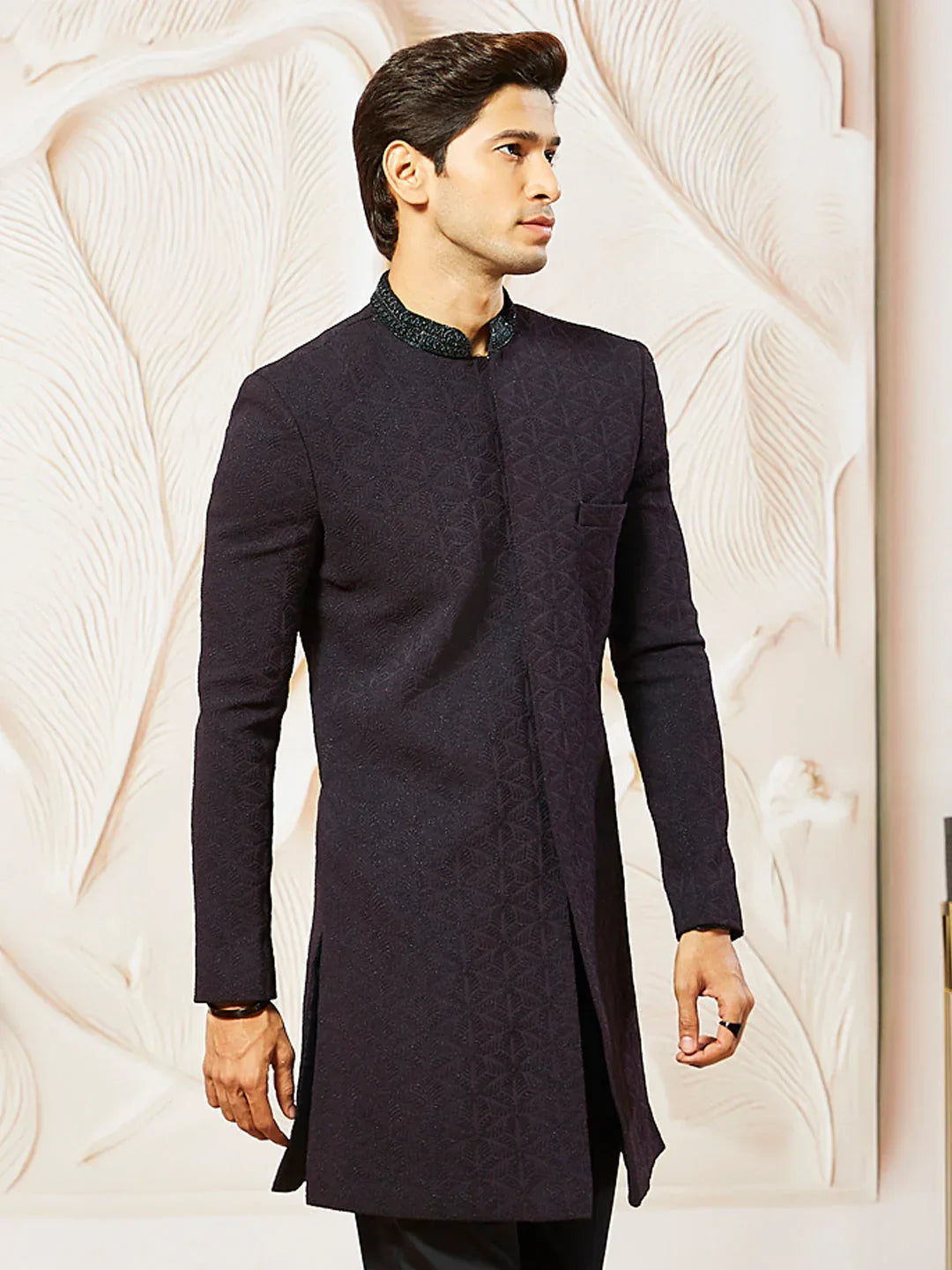 Men's Wine Silk Blend Indo Western