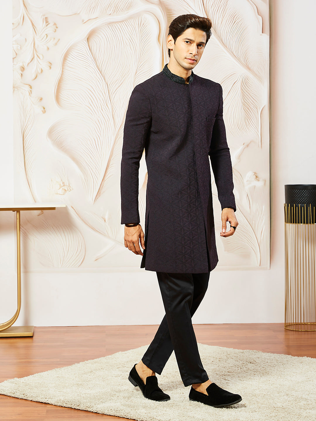 Men's Wine Silk Blend Indo Western And Pant Set
