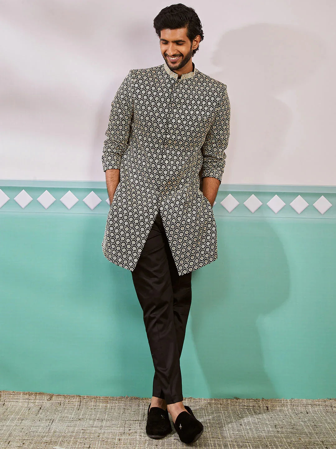 Men's Black Rayon Indo Western And Pyjama Set