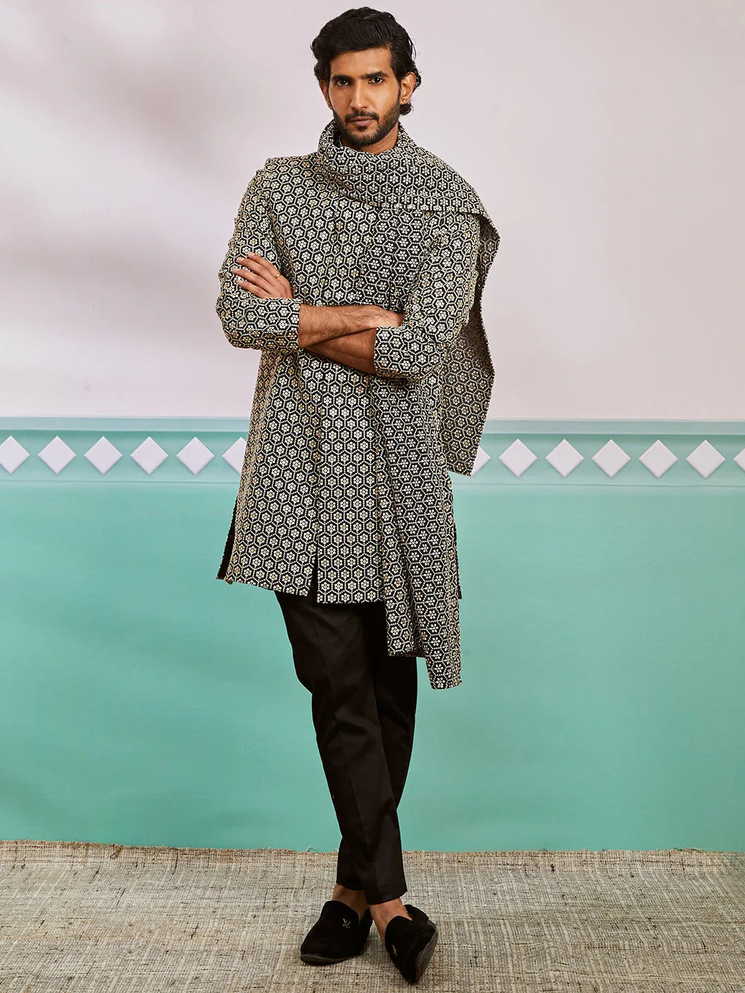 Men's Black Rayon Indo Western,Pyjama And Dupatta Set