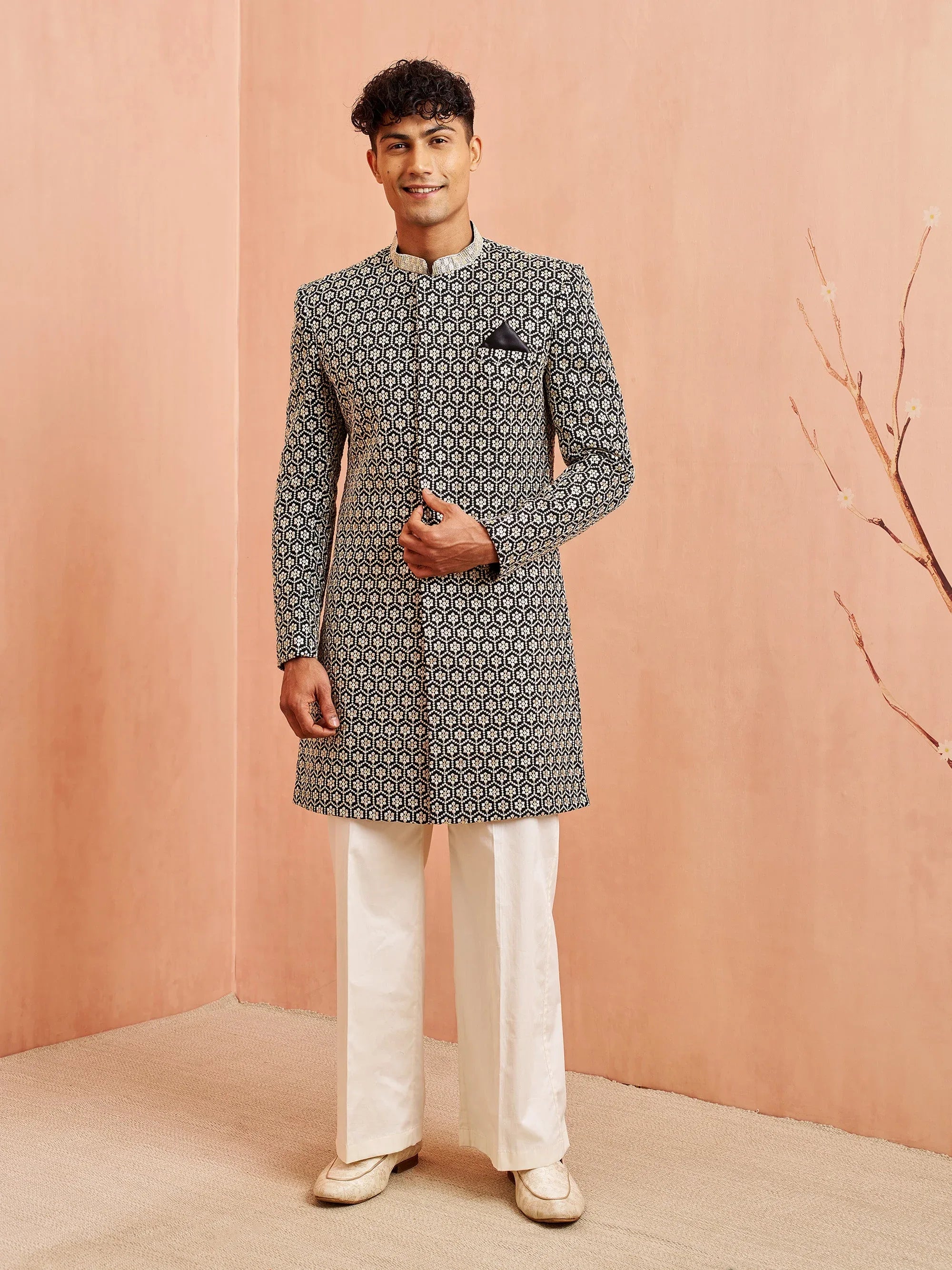 Men's Black Indo-Western with Cream Pant Set