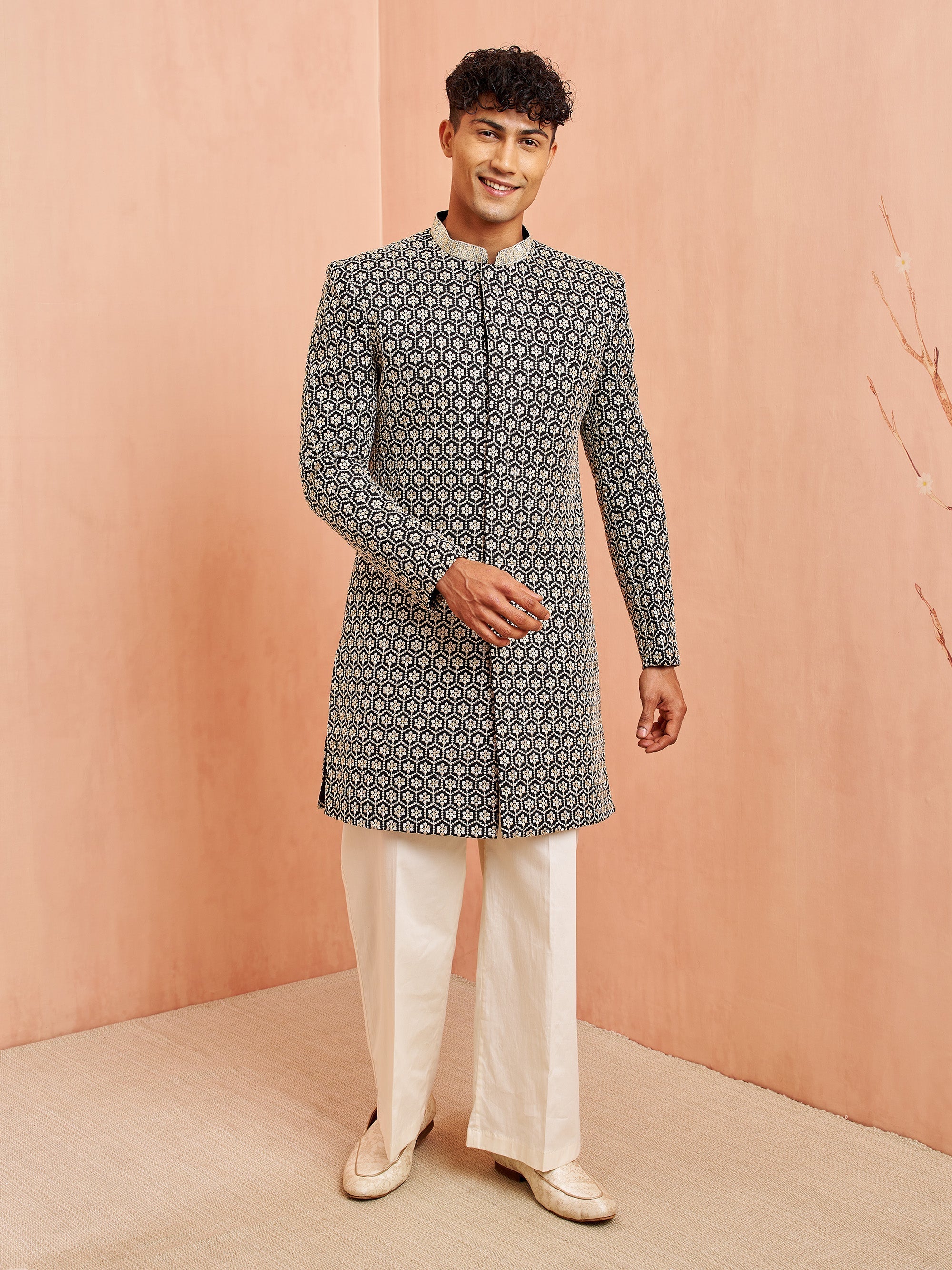 Men's Black Indo-Western with Cream Pant Set