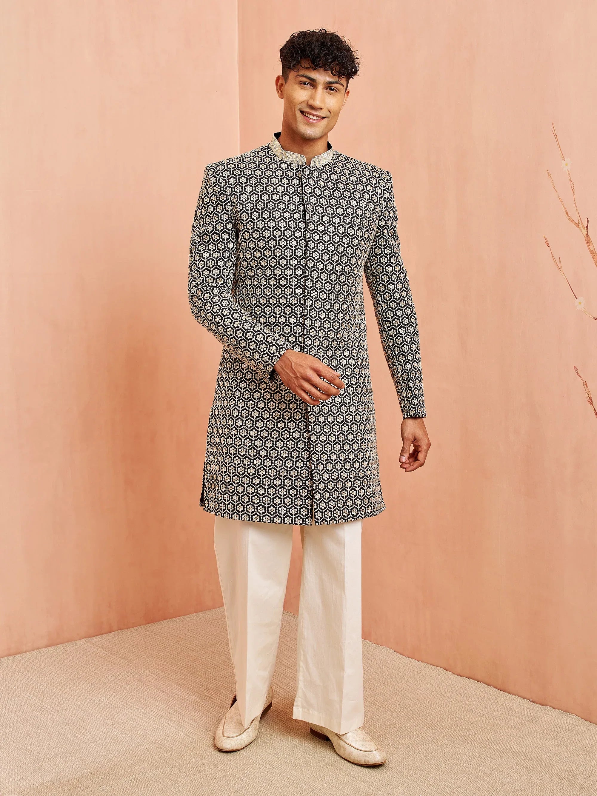 Men's Black Indo-Western with Cream Pant Set