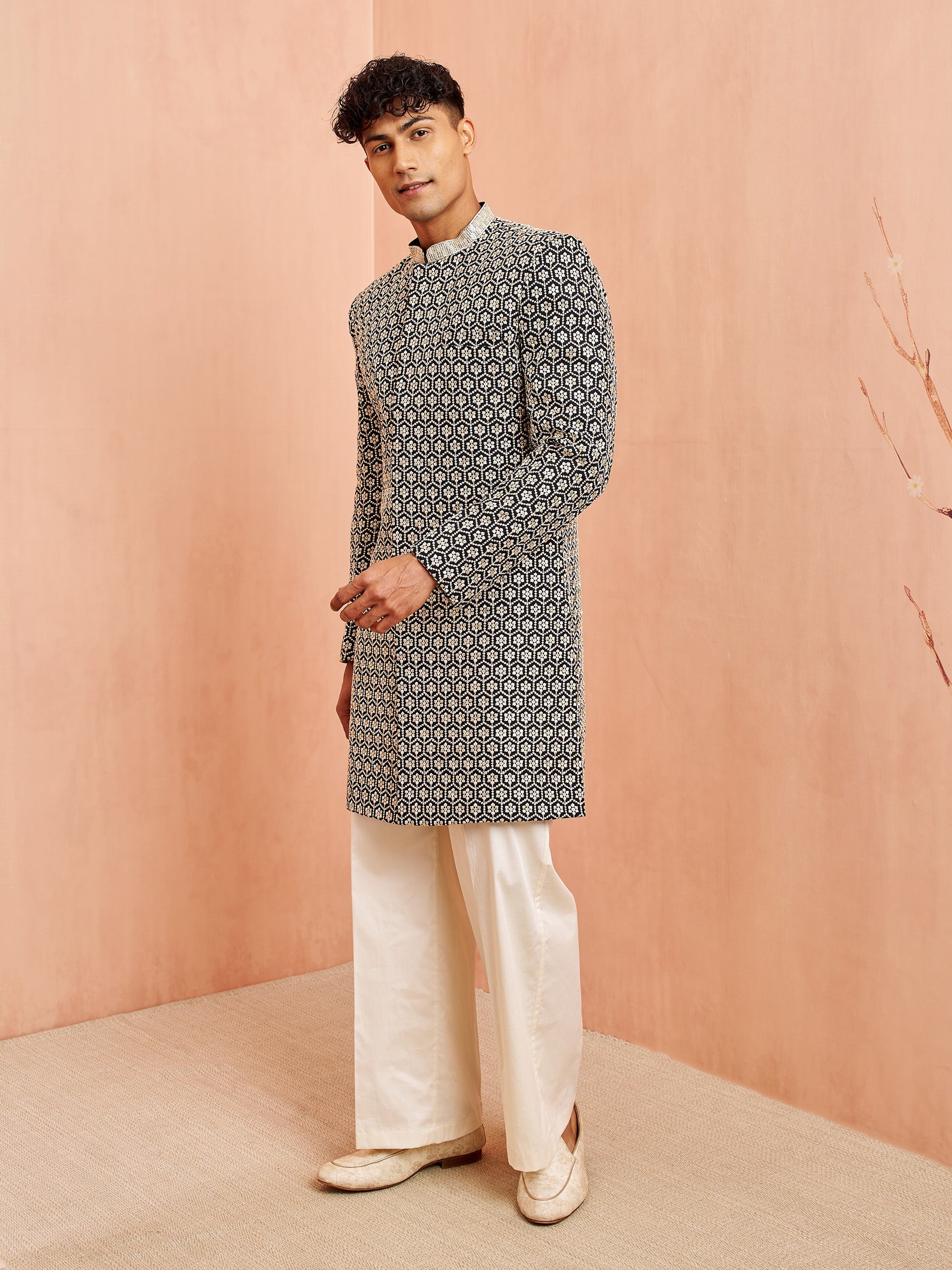 Men's Black Indo-Western with Cream Pant Set