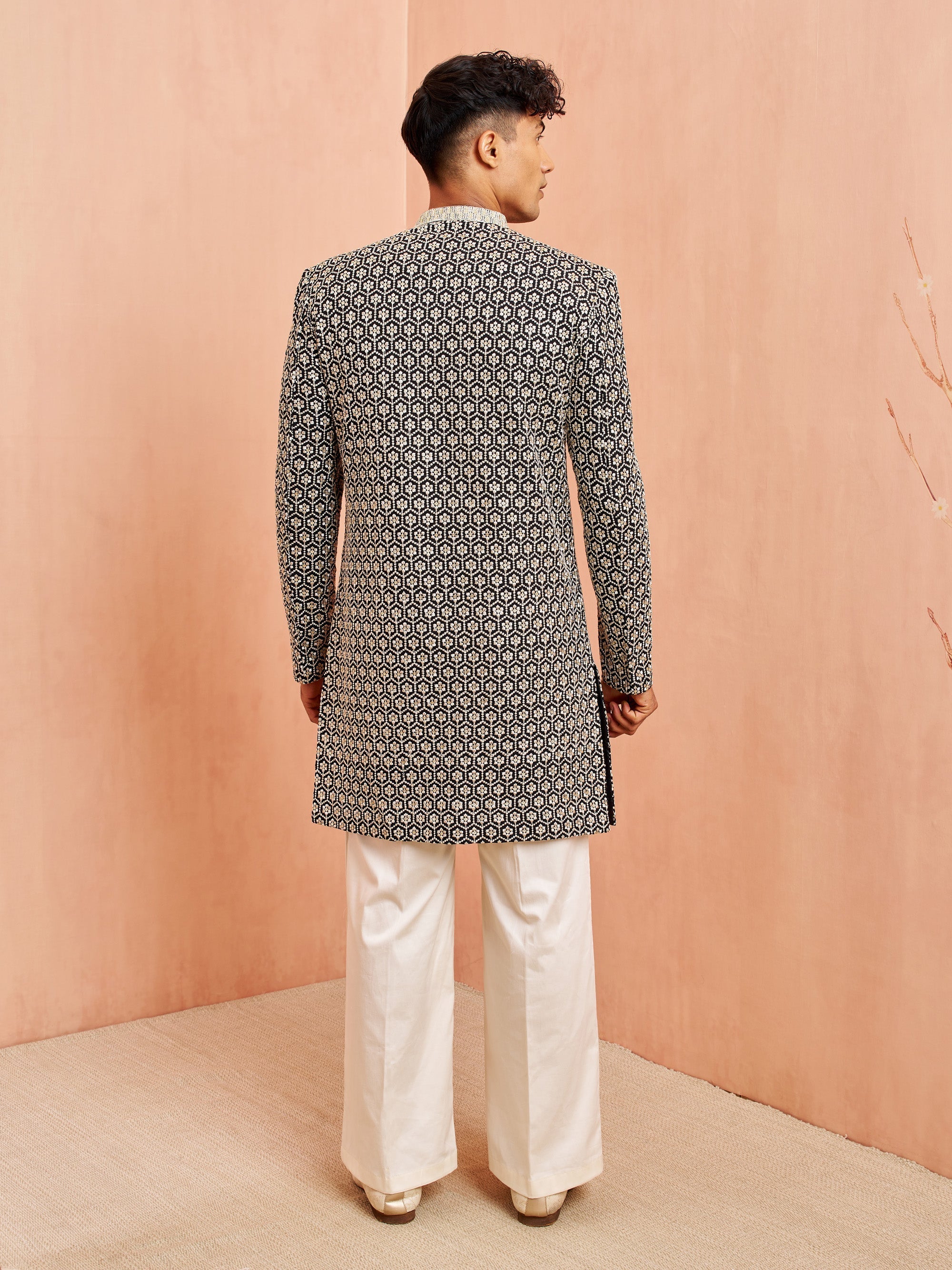 Men's Black Indo-Western with Cream Pant Set