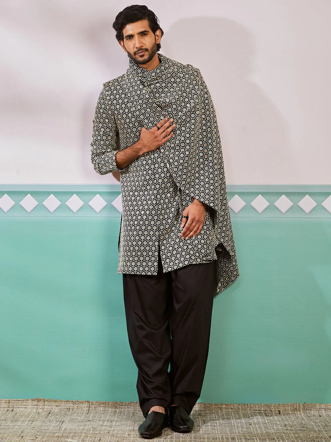 Men's Black Rayon Indo Western,Patiala And Dupatta Set
