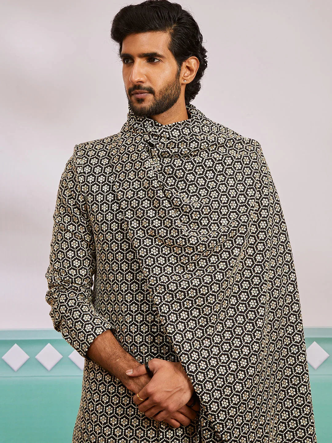 Men's Black Rayon Indo Western,Patiala And Dupatta Set