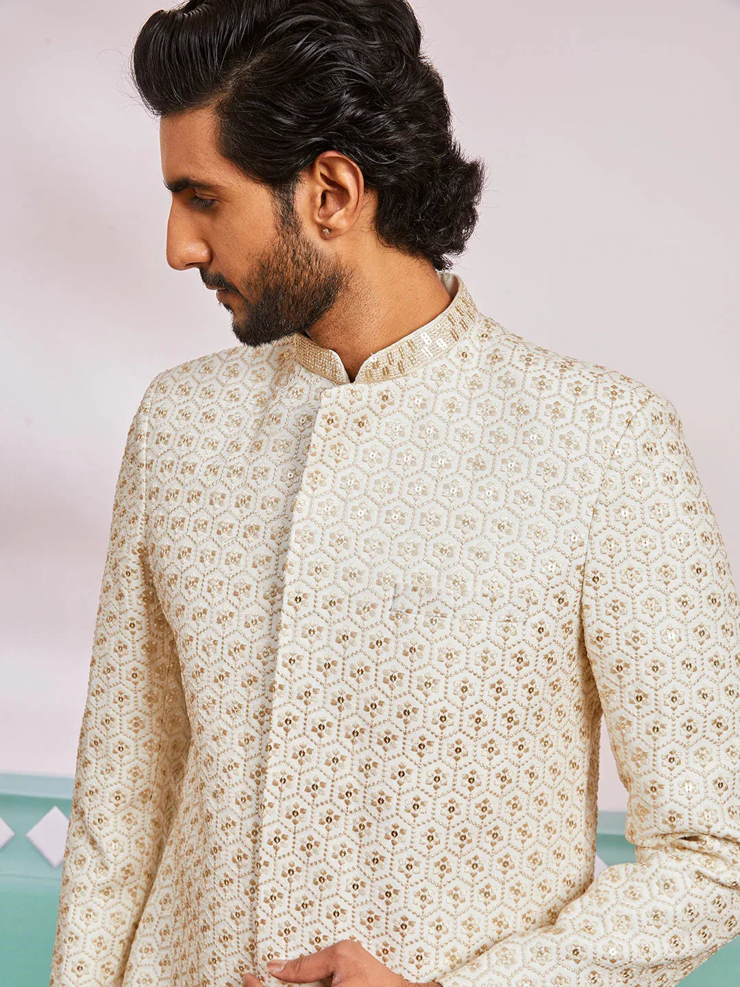 Men's Off White Rayon Indo Western And Pyjama Set
